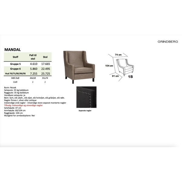 Mandal Stol, 104x74x91 ullstoff - Bilde 4