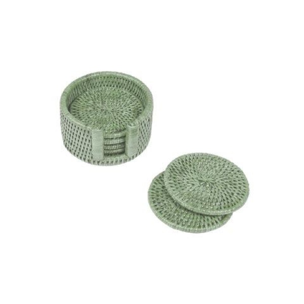 Rattan Round Coaster Set, Green